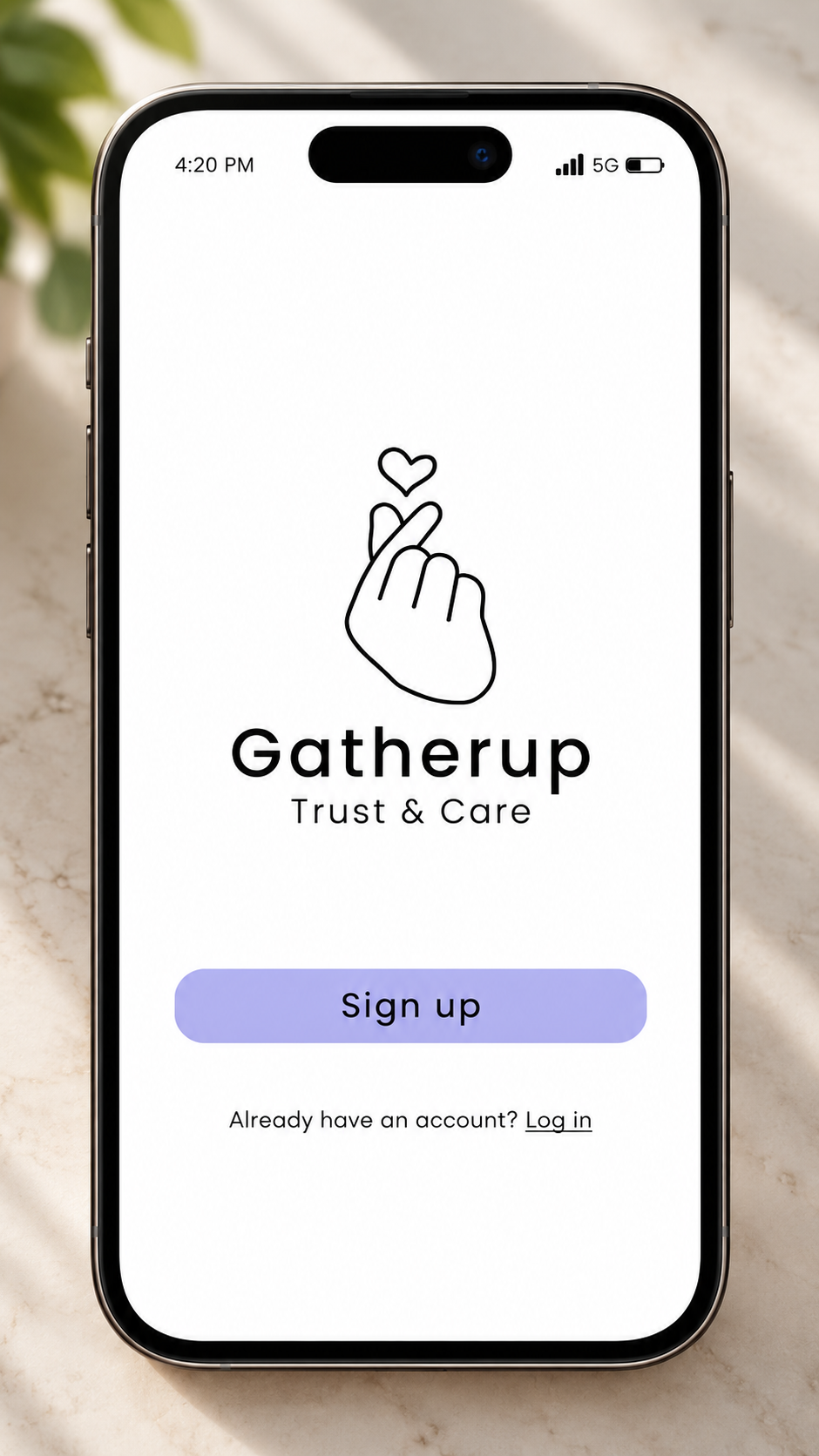 GatherUp mobile app sign-up screen