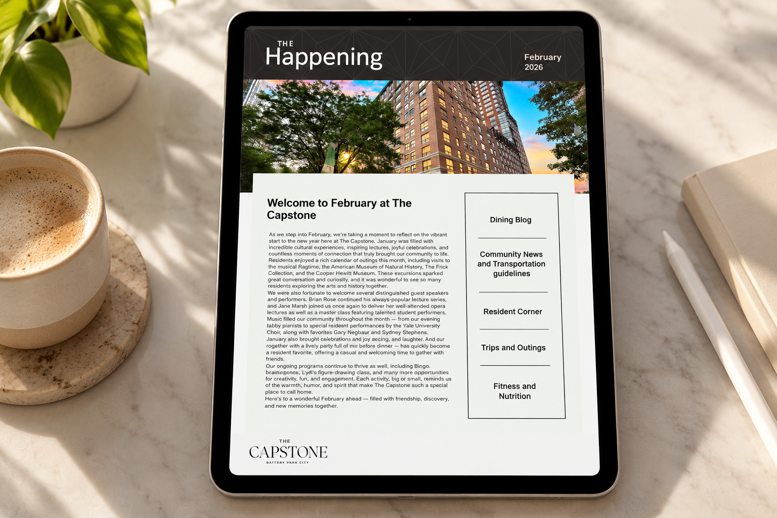 The Capstone newsletter displayed on a tablet